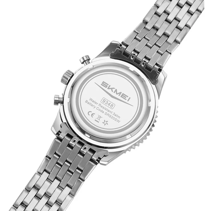 SKMEI 9348 Multifunctional Quartz Watch Three Small Dials Stainless Steel Band Waterproof Watch - Black