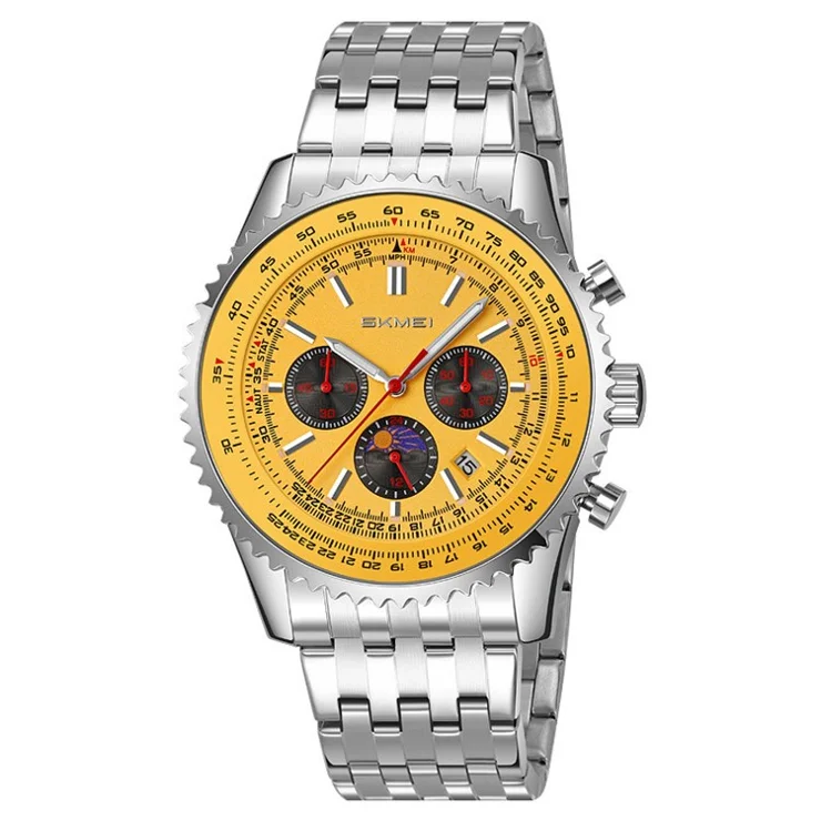 SKMEI 9348 Multifunctional Quartz Watch Three Small Dials Stainless Steel Band Waterproof Watch - Gold