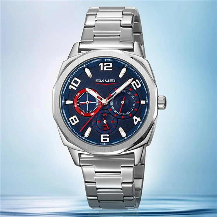 SKMEI 9350 Quartz Watch for Business Men Calendar Luminous Wristwatch with Steel Band - Silver+White