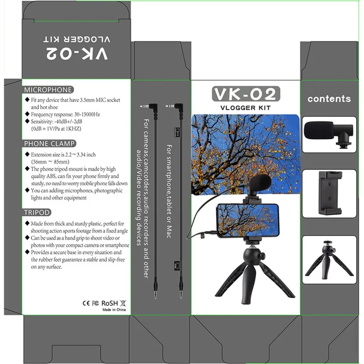 ADAI VK-01 Microphone with Handheld Tripod Phone Clamp Set for 3.5mm Audio Equipment - Black