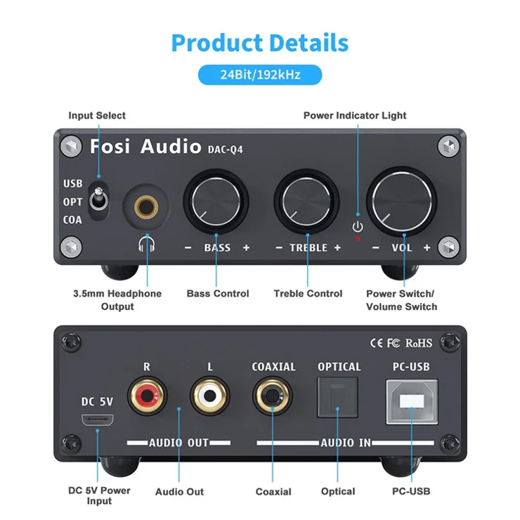 FOSI Q4 Mini Stereo Audio Amplifier USB Gaming DAC & Headphone Amplifier Converter Adapter for Home/Desktop Powered/Active Speakers