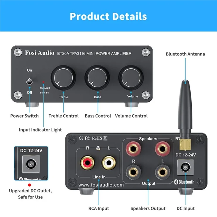 FOSI BT20A 100W Mini Audio Power Amplifier HiFi Sound Stereo Amplifier for Home Theater (Without Power Adapter) - Black/24V