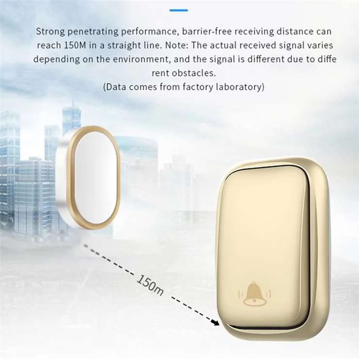 CACAZI FA99 Wireless Self-generating Press Doorbell Home Remote Door Bell, 1 Receiver and 1 Transmitter - EU Plug / Gold
