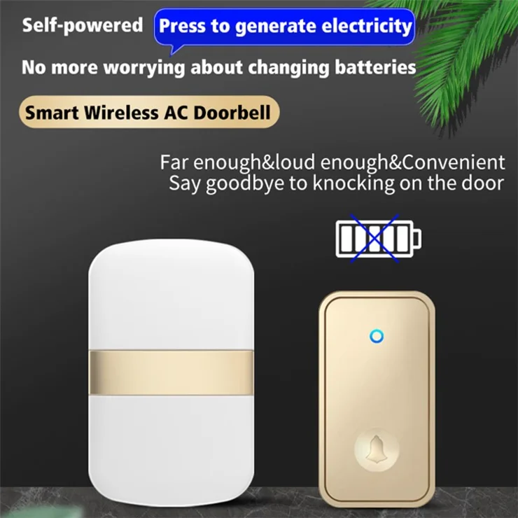 CACAZI FA96 Wireless Doorbell 60 Chime 5 Levels Adjustable Self-powered Alarm System, 2 Transmitters+1 Receiver - Gold / US Plug