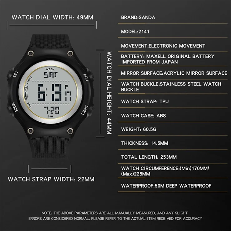 SANDA 2141 Youth Student Outdoor Sports Electronic Watch 50m Water Resistant Night Light Display Watch - Black / Gold
