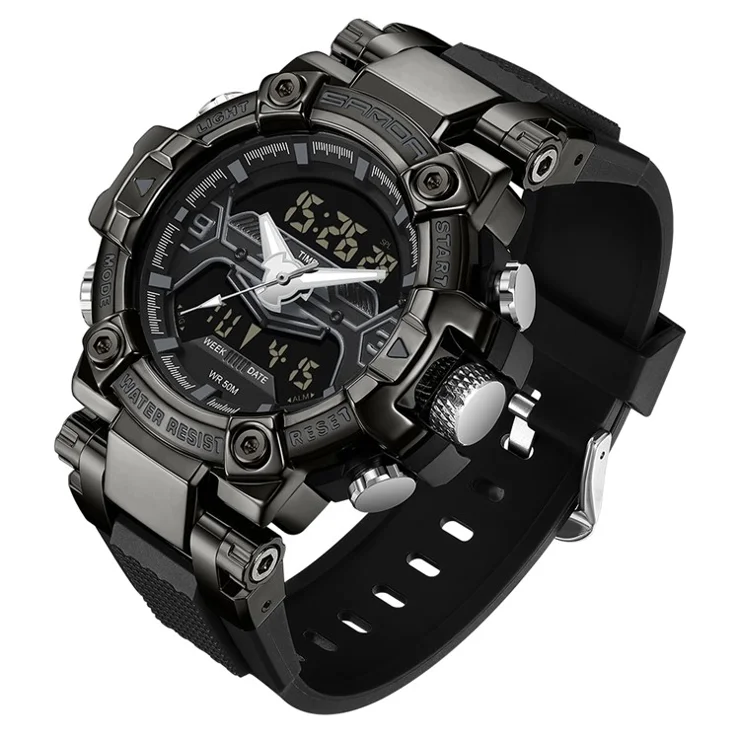 SANDA 3186 Fashionable Cool Luminous Display Watch Multifunction 50m Waterproof Electronic Watch - All Black