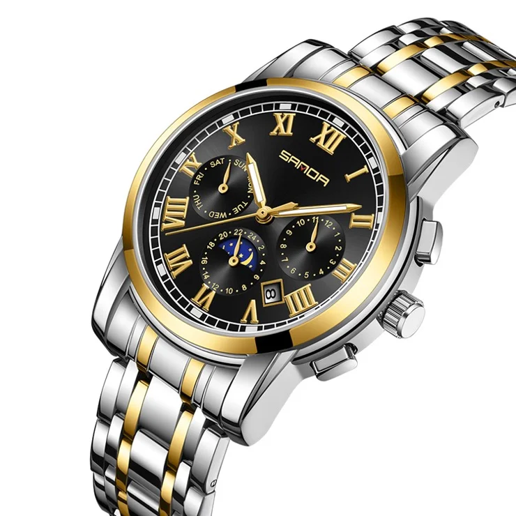 SANDA 7006 Fashion Wrist Watch Mechanical Analog Watch with Stainless Steel Strap - Gold+Black