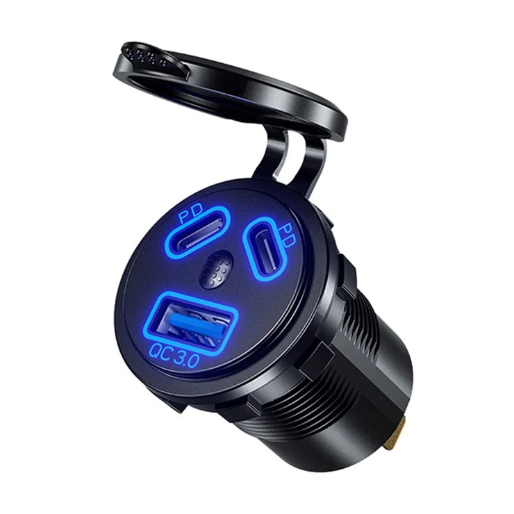 P22A 3 Ports Car Charger Socket Dual 45W PD Type C + 18W QC 3.0 with Voltmeter and Button Switch for 12-24V Car / Boat / Motorcycle - Blue Light