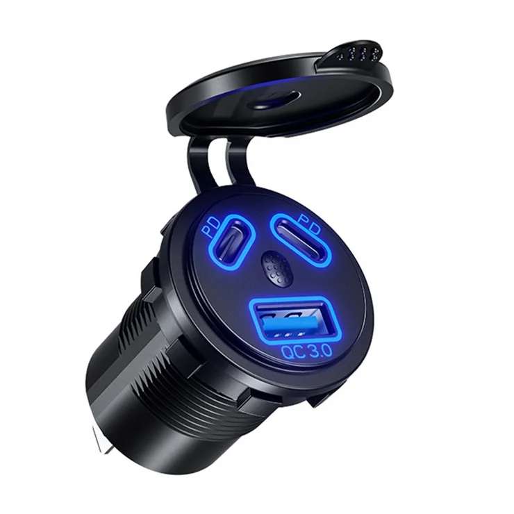 P22A 3 Ports Car Charger Socket Dual 45W PD Type C + 18W QC 3.0 with Voltmeter and Button Switch for 12-24V Car / Boat / Motorcycle - Blue Light