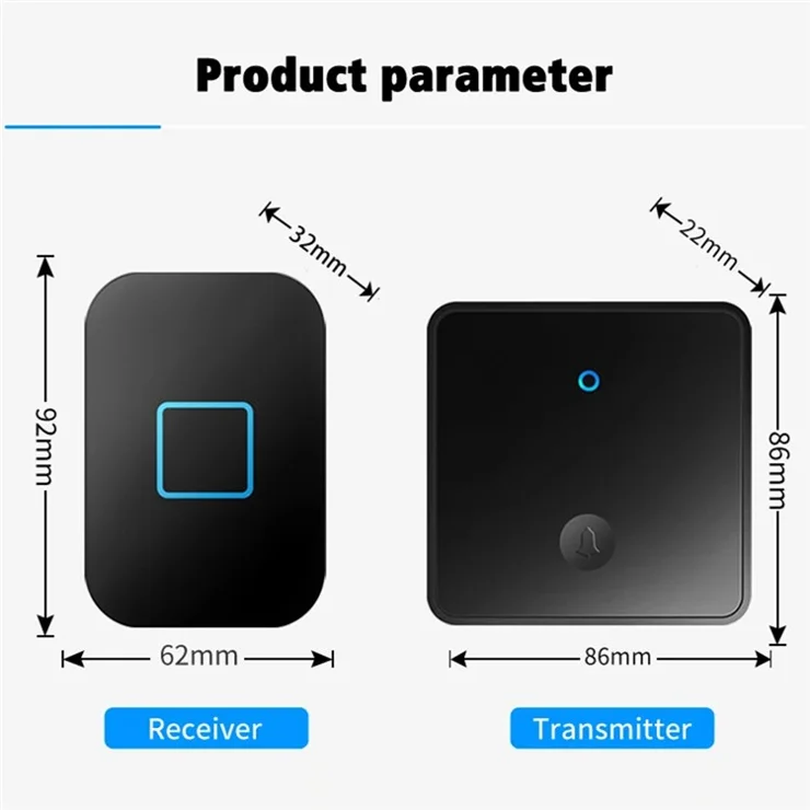 CACAZI FA88 Type 86 Big Panel Button Wireless Doorbell Adjustable Volume Door Bell Kit with 2 Transmitters+1 Receiver - Black / US Plug