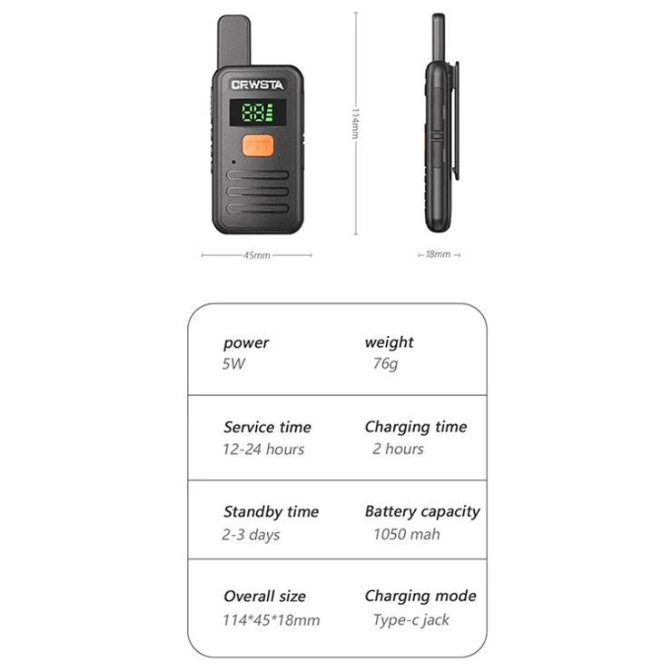CRWSTA T70 5W Portable Mini Walkie Talkie Long Range Handheld Two Way Radio - Black / EU Plug