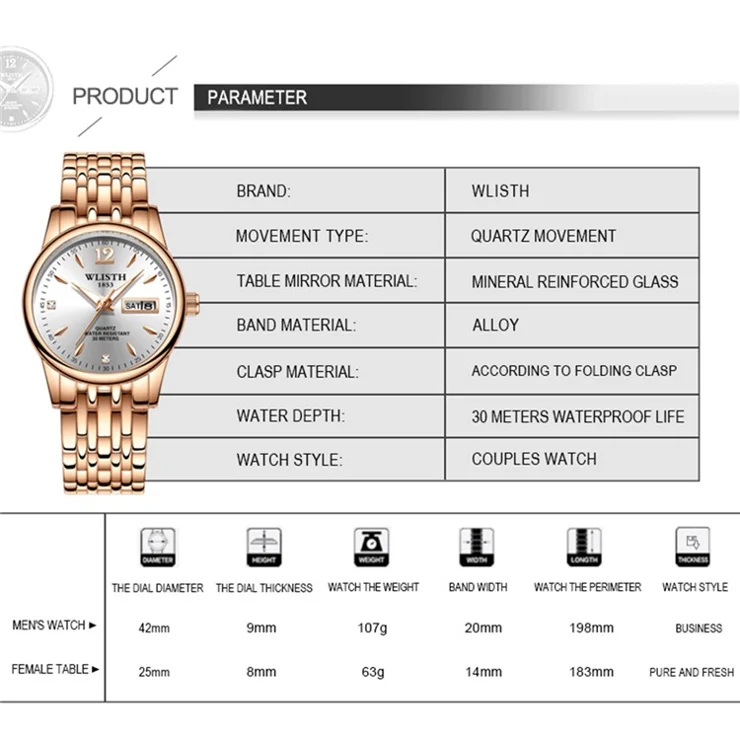WLISTH S507 Waterproof Bracelet Calendar Date Week Display Quartz Watch - Silver+Coffee / For Men
