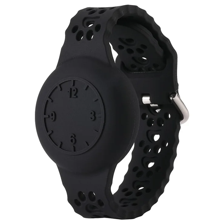 For Apple Airtag Tracker Waterproof Protective Cover Kids Silicone Watch Strap with Clock Numbers - Black