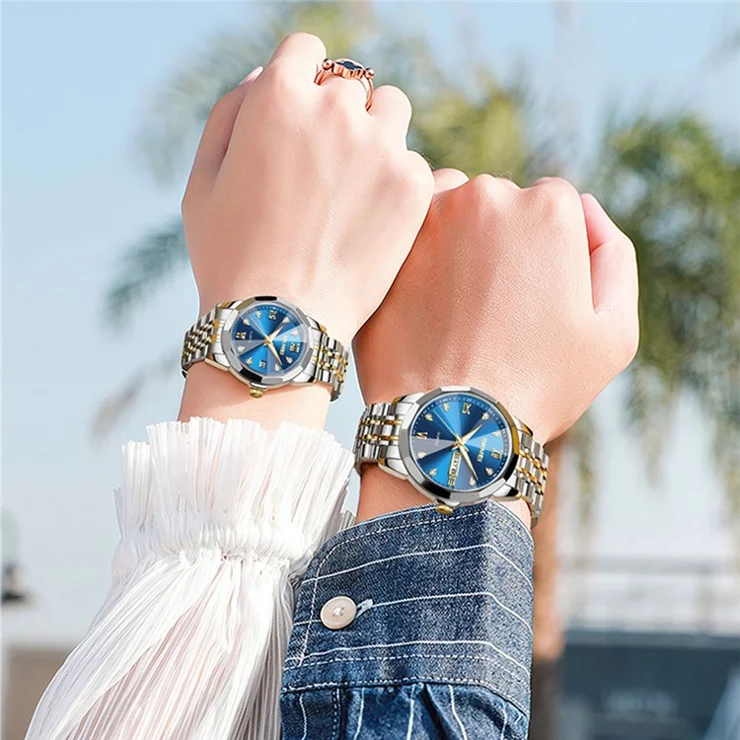 SKMEI 7070 Weekday Date Display Stainless Steel Strap Quartz Wrist Watch for Men / Women - Gold Splicing+Silver / Women
