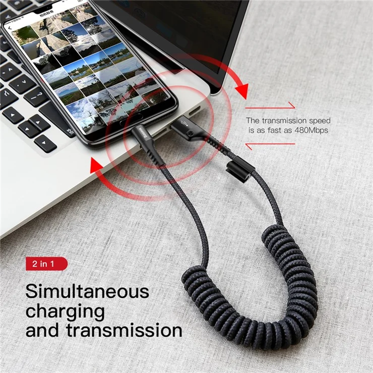BASEUS Fish-eye 1m Spring 2A USB Cable Elastic USB to Type-C Data Sync Cable Car Charging Cord for Samsung Huawei Xiaomi - Black