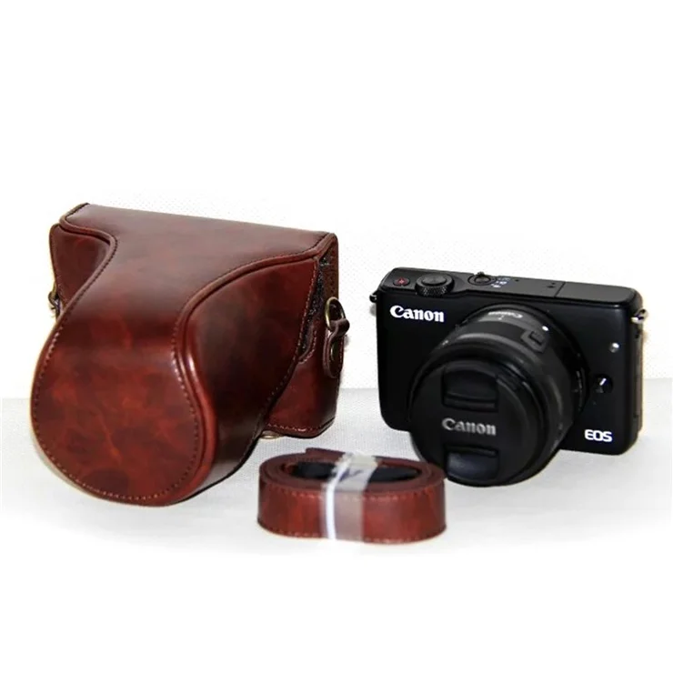 PU Leather Camera Protective Cover + Strap for Canon EOSM/EOSM2/EOSM 10 with 15-45mm Lens - Coffee