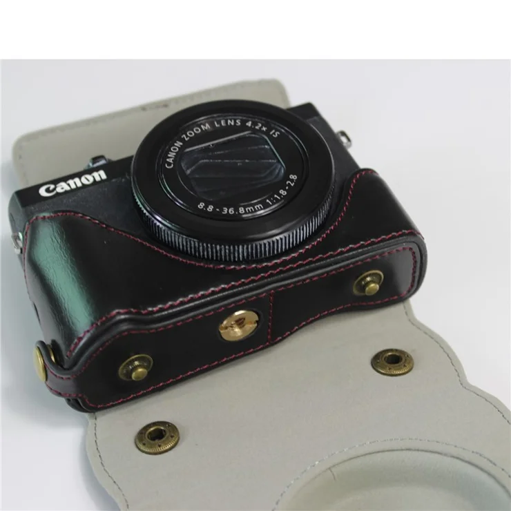PU Leather Half Camera Case Bag with Strap for Canon PowerShot G7 X Mark III - Black