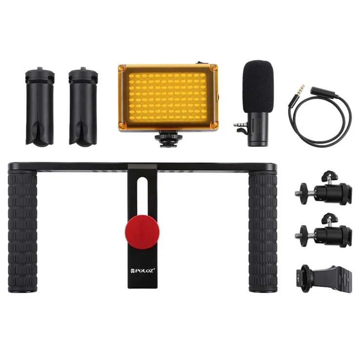 PULUZ PKT3024 4 in 1 Live Broadcast LED Selfie Light Smartphone Video Rig Handle Stabilizer Bracket Kits Microphone Tripod