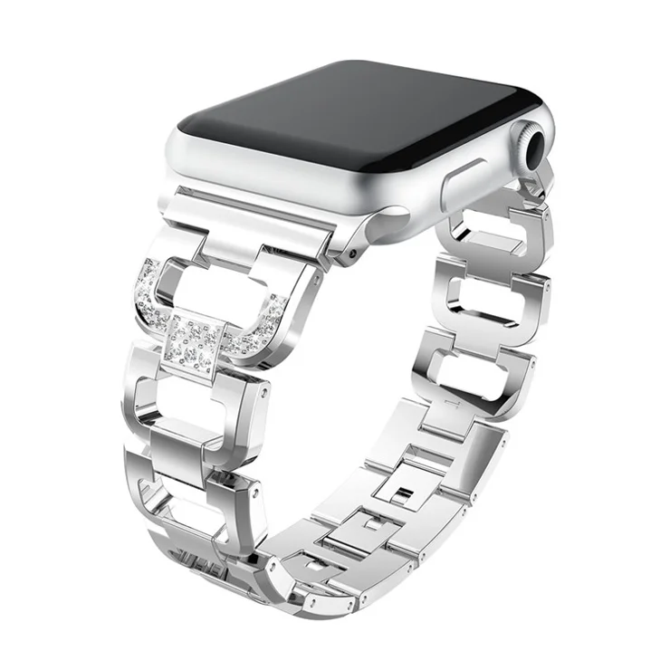 For Apple Watch Series 10 42mm / 9 8 7 41mm / SE (2023) SE (2022) SE 6 5 4 40mm / 3 2 1 38mm Rhinestones D Shaped Watchband Stainless Steel Watch Band - Silver
