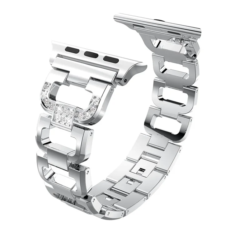 For Apple Watch Series 10 46mm / Ultra 2 Ultra 49mm / 9 8 7 45mm / SE (2023) SE (2022) SE 6 5 4 44mm / 3 2 1 42mm Rhinestone Decor Watch Strap D Shaped Stainless Steel Watch Band - Silver