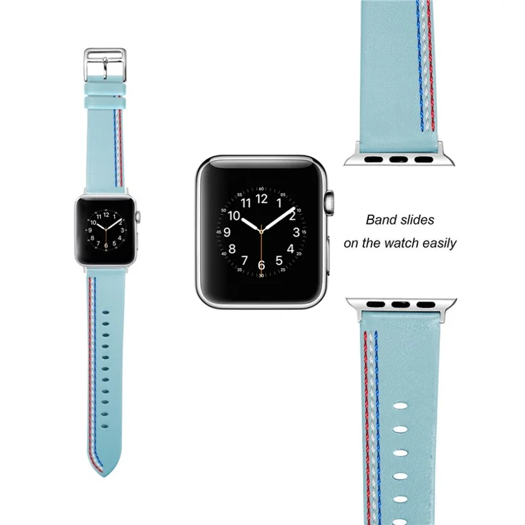 Genuine Leather Single Tour Watch Band for Apple Watch Series 10 46mm / Ultra 2 Ultra 49mm / 9 8 7 45mm / SE (2023) SE (2022) SE 6 5 4 44mm / 3 2 1 42mm - Blue