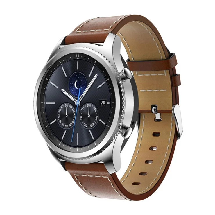 For Samsung Gear S3 Frontier 22mm Genuine Leather Watch Band Wrist Strap with White Stitches - Brown