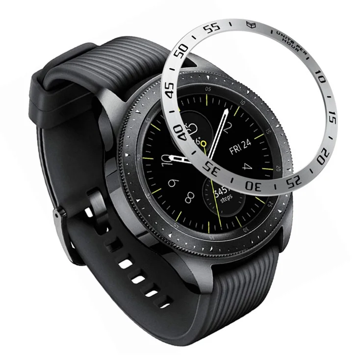 Bezel Ring Adhesive Frame Case Cover Anti Scratch Stainless Steel Protection Accessories for Samsung Galaxy Watch 42mm - Silver Ring Black Text
