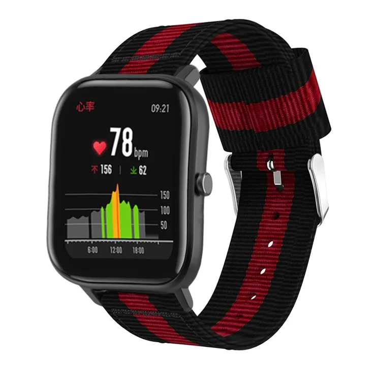 20MM Vertical Nylon Canvas Watch Band for Samsung Galaxy Watch4 Classic 46mm 42mm/Watch4 44mm 40mm/Amazfit GTS - Black/Red