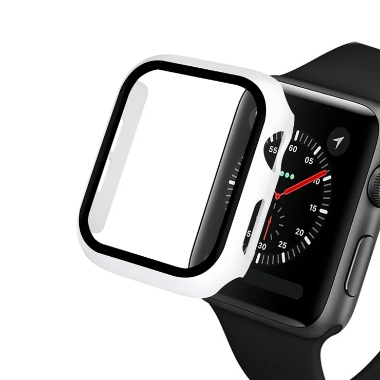Rubberized PC + Tempered Glass Watch Case for Apple Watch SE / SE (2022) / Series 6 / 5 / 4 44mm - White