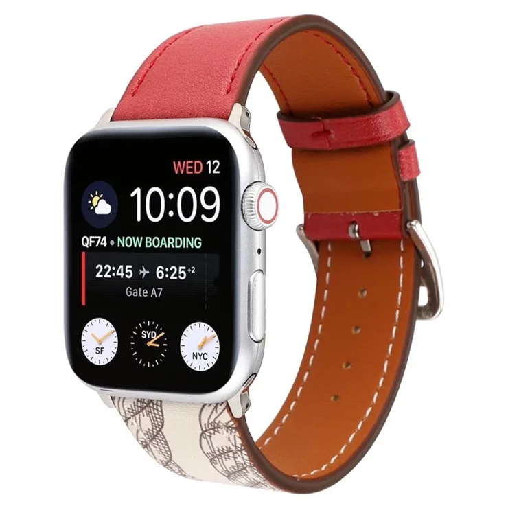 Pattern Decor Genuine Leather Smart Watch Band for Apple Watch Series 10 42mm / 9 8 7 41mm / SE (2023) SE (2022) SE 6 5 4 40mm / 3 2 1 38mm - Red