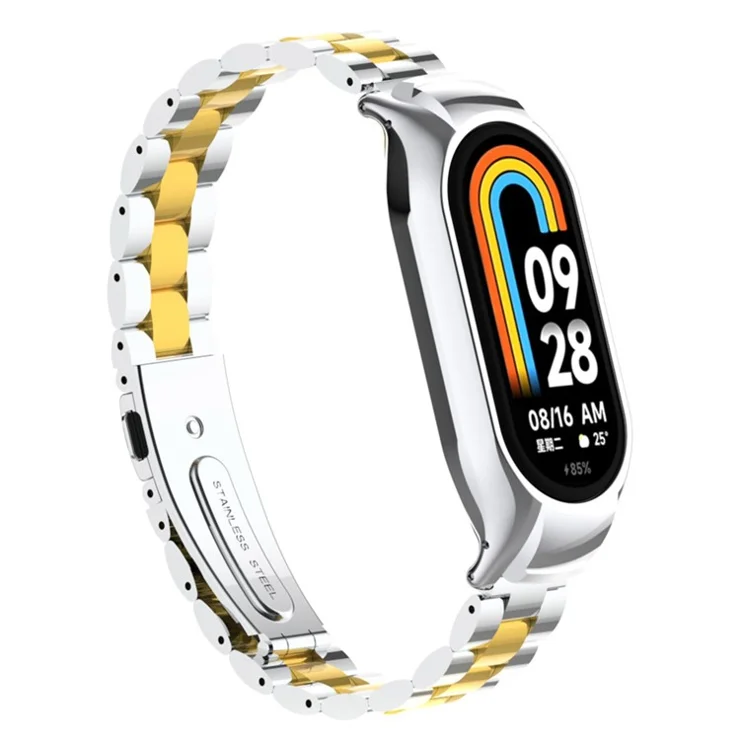 For Xiaomi Smart Band 8 Metal Watch Band 3-Bead Strap Replacement with Watch Case - Silver Gold
