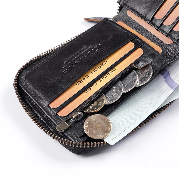 GUBINTU Top Layer Cowhide Leather Zipper Men Folding Wallet RFID Blocking Cards Cash Carrying Bag - Coffee