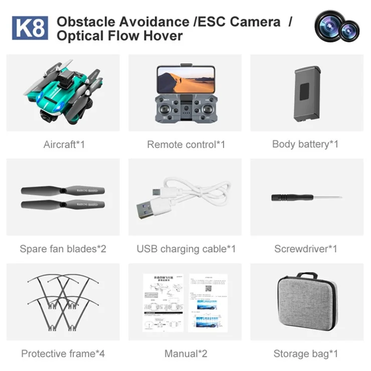 K8 2.4G Folding Drone 480P Aerial Photography Aircraft Dual-Camera Four-Axis Four-Way Obstacle Avoidance RC Airplane Toy (Single Battery) - Green