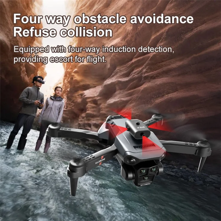 XKJ K6 MAX 3-Camera 4-Way Obstacle Avoidance RC Drone 2.4G Folding Aircraft with Air Pressure Altitude Hold, Single Battery - Orange