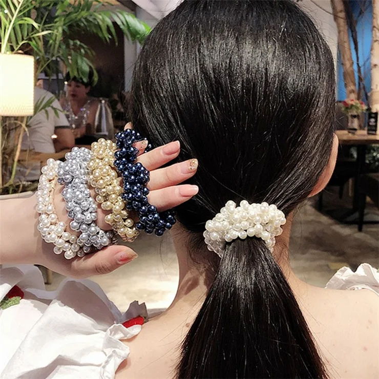 S36 Women Girls Fashion Pearl Elastic Hair Band Rope Hair Circle Scrunchie Ponytail Holder - White