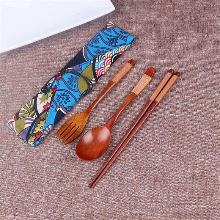 Portable Wooden Chopsticks Spoon Fork Tableware Set with Vintage Cloth Storage Bag - Brown
