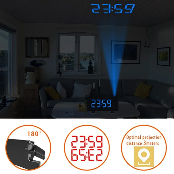 Projection Alarm Clock with FM Radio USB Charge LED Digital Dual Alarm Clock for Bedroom - Blue Letter
