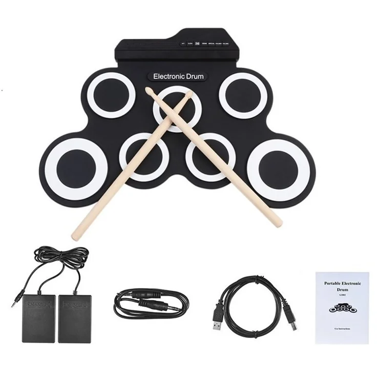 G3002 Electronic Drum Set Roll Up Drum Practice Pad Midi Drum Kit with Headphone Jack - White