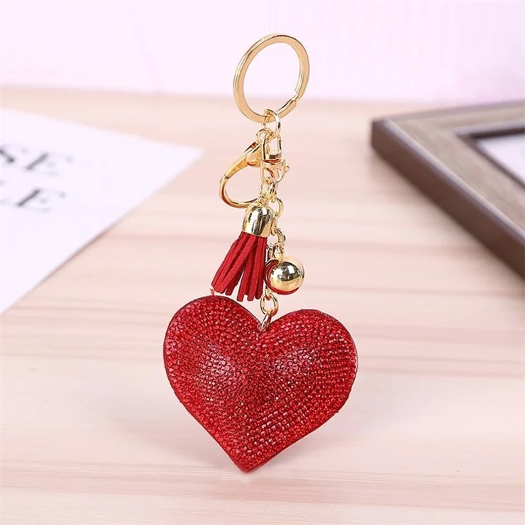 Rhinestone Heart Shaped Keychain Ornament Keyring with Tassel for Bags Phone Straps - Red