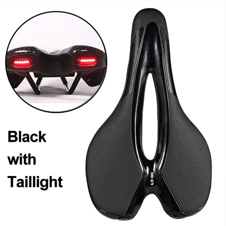 911D Bike Seat Cushion with Warning Tail Light Hollow-Out Soft Breathable Bicycle Seat Saddle - Black