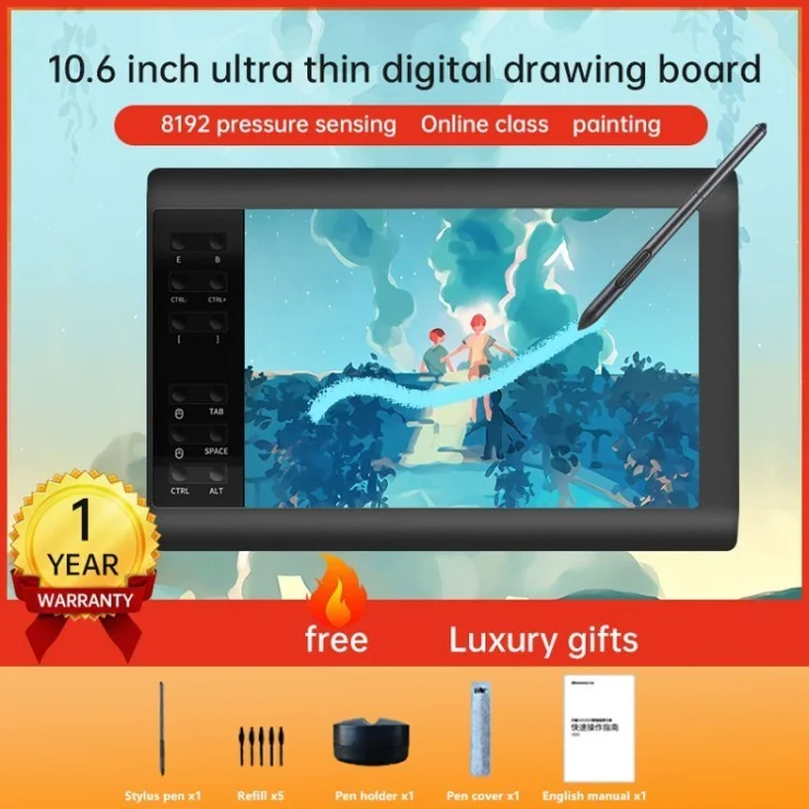 10MOONS Professional 10x6 inch G10 Graphics Drawing Tablet with Battery-Free Stylus for Mac Android Windows PC - Standard