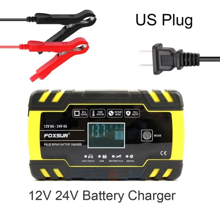 FOXSUR 24V 4A 12V 8A Full Automatic Car Battery Charger Fast Charging LCD Pulse Repair Charger - US Plug