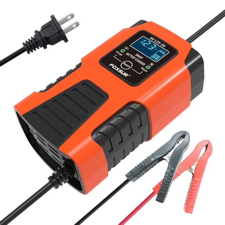 FOXSUR 6V / 12V 2A Car Motorcycle Battery Charger Battery Maintainer 3-Stage Smart Automatic Pulse Repair Charger - Red / US Plug