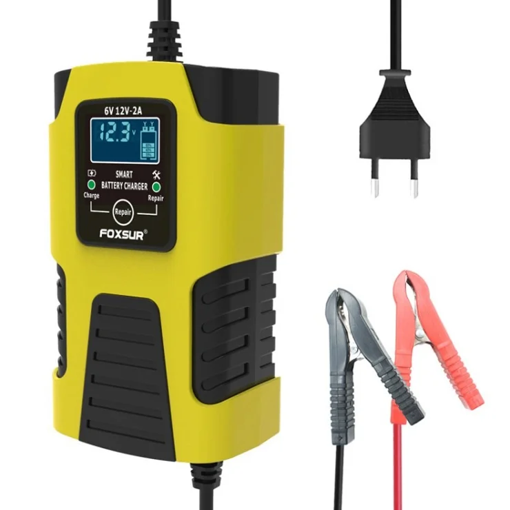 FOXSUR 6V / 12V 2A Car Motorcycle Battery Charger Battery Maintainer 3-Stage Smart Automatic Pulse Repair Charger - Yellow / EU Plug