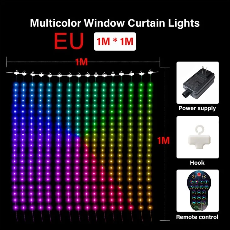 HCL-001 LED Curtain Lights Color Changing Smart RGB Window String Lights App Controlled DIY Curtain Light Christmas Holiday Decor - 1x1m / EU Plug