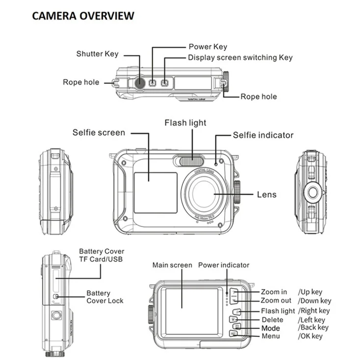 HD368 Waterproof Digital Camera Full HD 2.7K 48MP 16X Underwater Camera with Dual Screen - Yellow