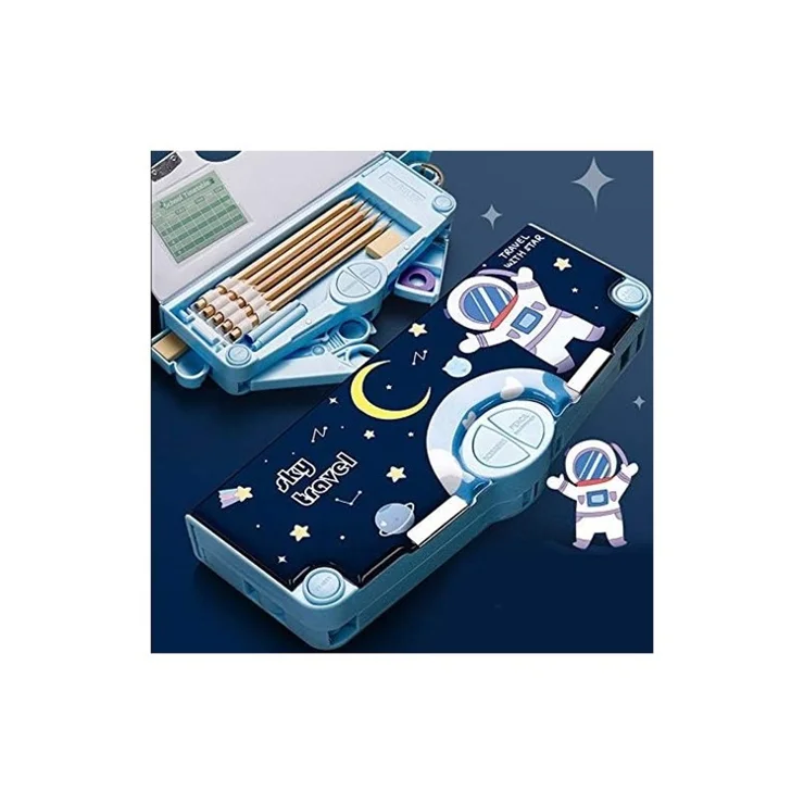 7701 Multifunctional Large Capacity Pencil Case Stationery Set with Auto Pop Up Buttons for Students - Blue Astronaut