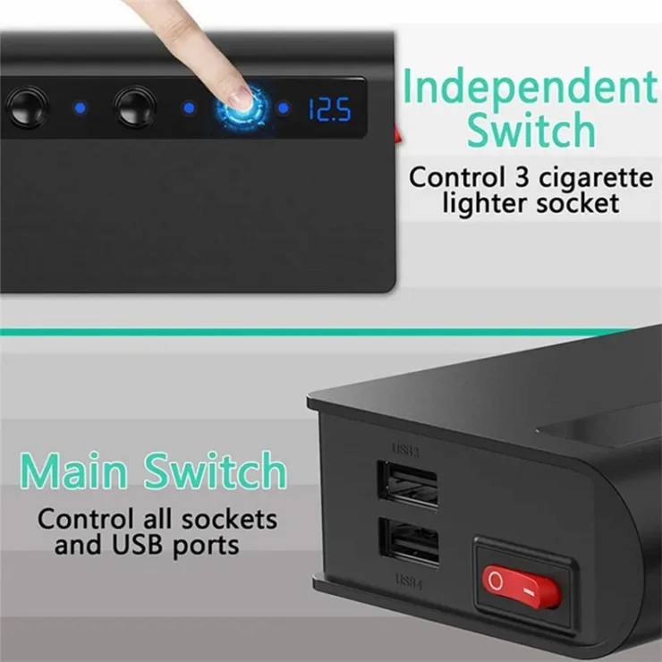180W Car Charger 3 Cigarette Lighter Sockets 4 USB Ports QC3.0 Phone Fast Charging Adapter - Black / Red