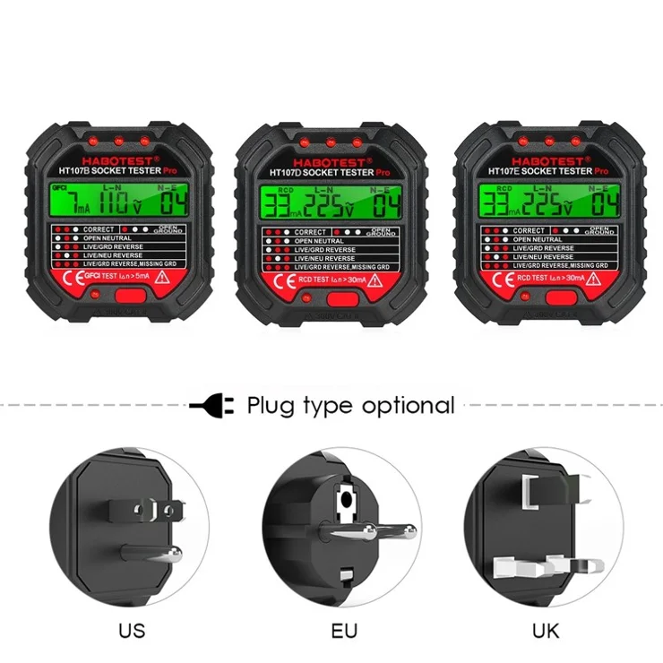 HABOTEST GFCI HT107D Outlet Tester with Voltage Display 90-250V Socket Tester Automatic Electric Circuit Polarity Voltage Detector Breaker Finder - EU Plug