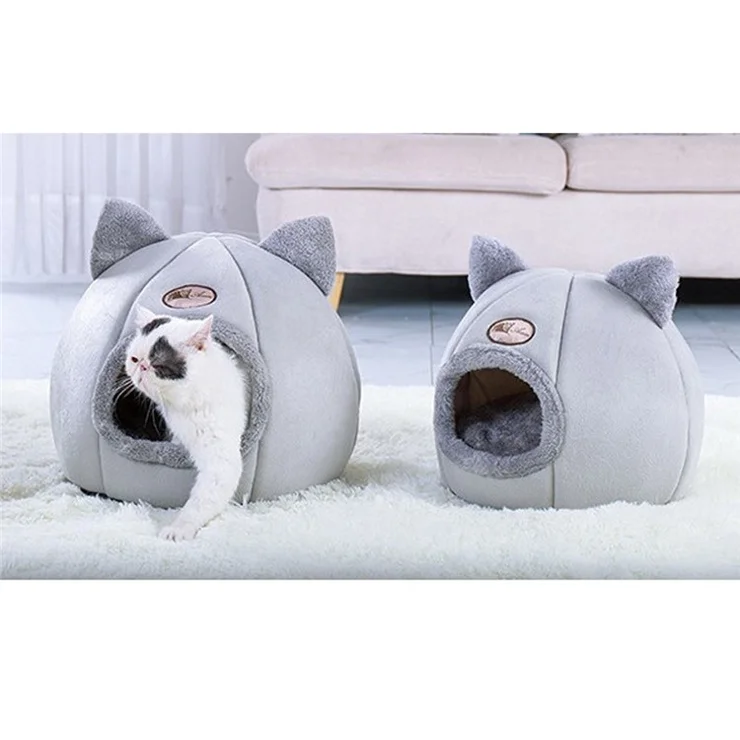 For Cats/Small Dogs Sleeping Comfortable Cave Velvet Self-warming Hut with Removable Washable Bed Cushion - L